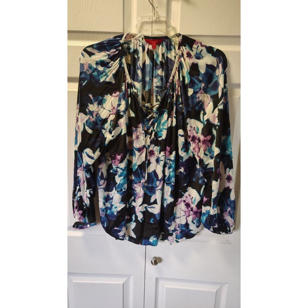 Jennifer Lopez Abstract Floral Grommet Lace Up Long Sleeve Blouse Size XL